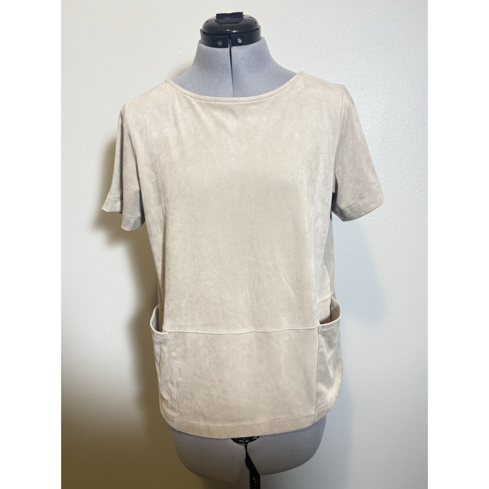 J Jill Womens Faux Suede Blouse Beige SP Coastal Grandma Minimal Neutral Hipster